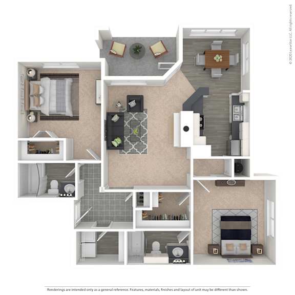 A 3D floor plan of a house with a kitchen, living room, and bathroom.