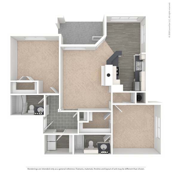 A 3D floor plan of a small apartment with a kitchen, living room, and bathroom.