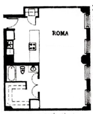 A black and white image of a floor plan with the word ROMA written on it.