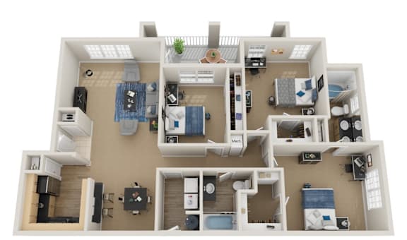 A 3D floor plan of a house with multiple rooms and furniture.