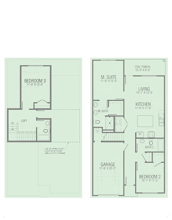 A floor plan of a two bedroom apartment with a loft.