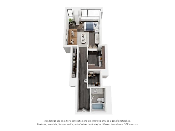 A 3D floor plan of a house with a kitchen, living room, and bathroom.