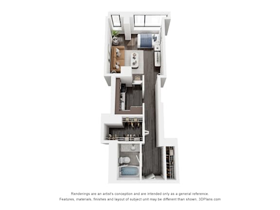 A 3D floor plan of a house with a kitchen, living room, and bathroom.