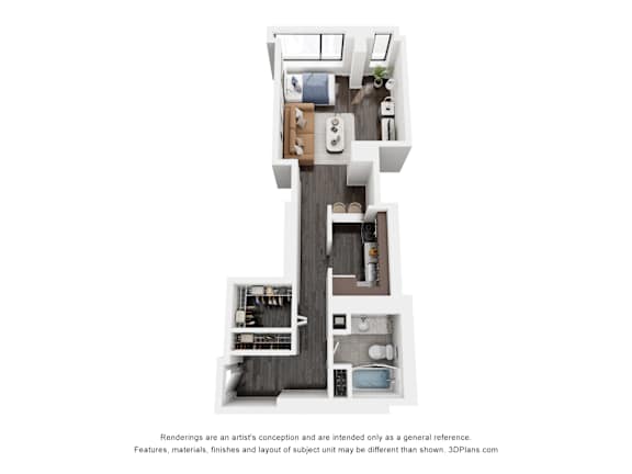 A 3D floor plan of a house with a kitchen, living room, and two bedrooms.