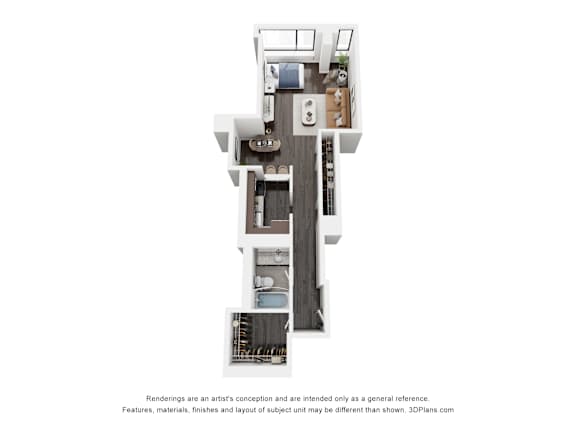 A 3D floor plan of a house with a kitchen, living room, and bathroom.