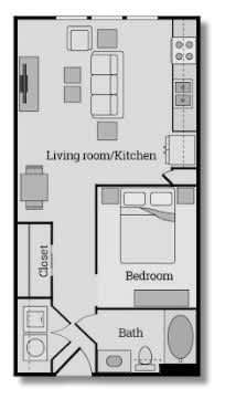 554 sq ft Stuido Floorplan with Open Concept Living Room and Kitchen Layout