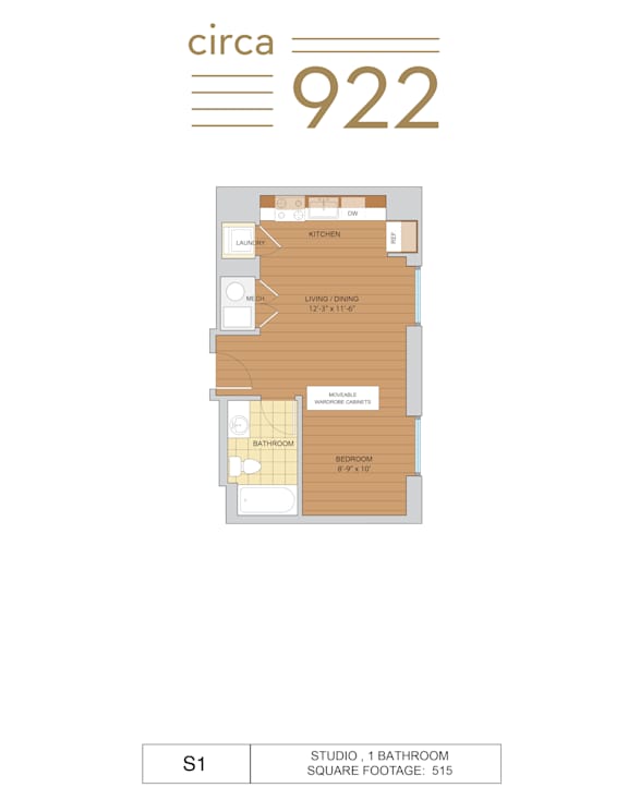 A floor plan for a studio apartment with a living room, kitchen, and bathroom.