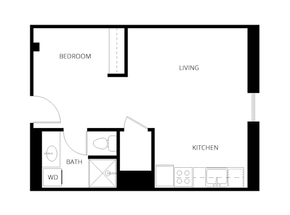A floor plan of a small apartment with a bedroom, kitchen, and bathroom.