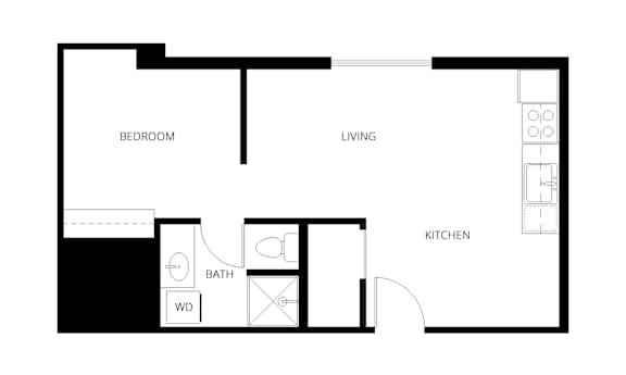 A floor plan of a small apartment with a bedroom, living room, kitchen, bathroom, and a workspace.