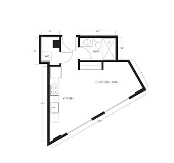 A floor plan of a home with a kitchen, bathroom, and bedroom.