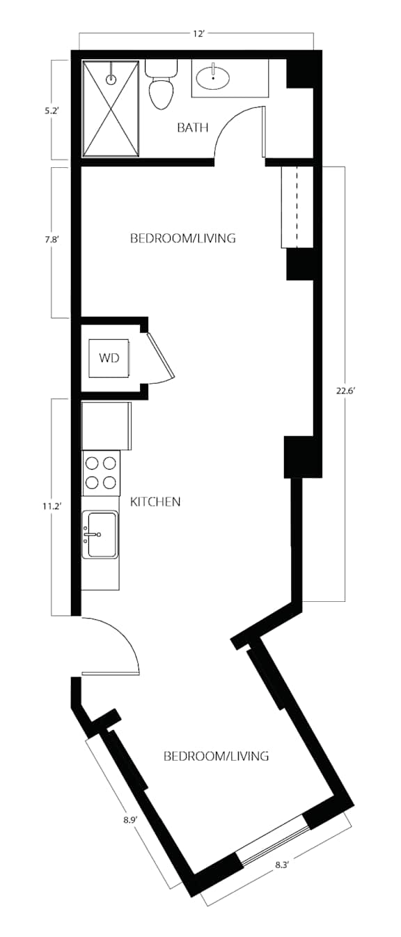 A floor plan of a small apartment with a bedroom, living room, and kitchen.