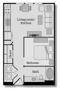 Studio apartment with one bedroom one bathroom and open floor plan
