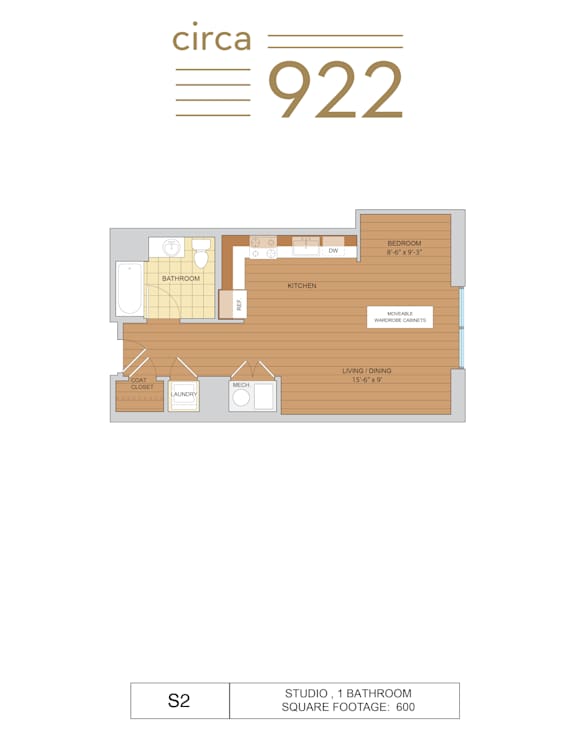 A floor plan for a studio apartment with a bedroom, bathroom, and kitchen.