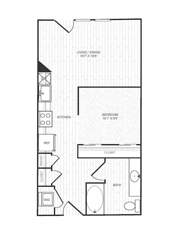 A floor plan of a small apartment with a living room, bedroom, and kitchen.