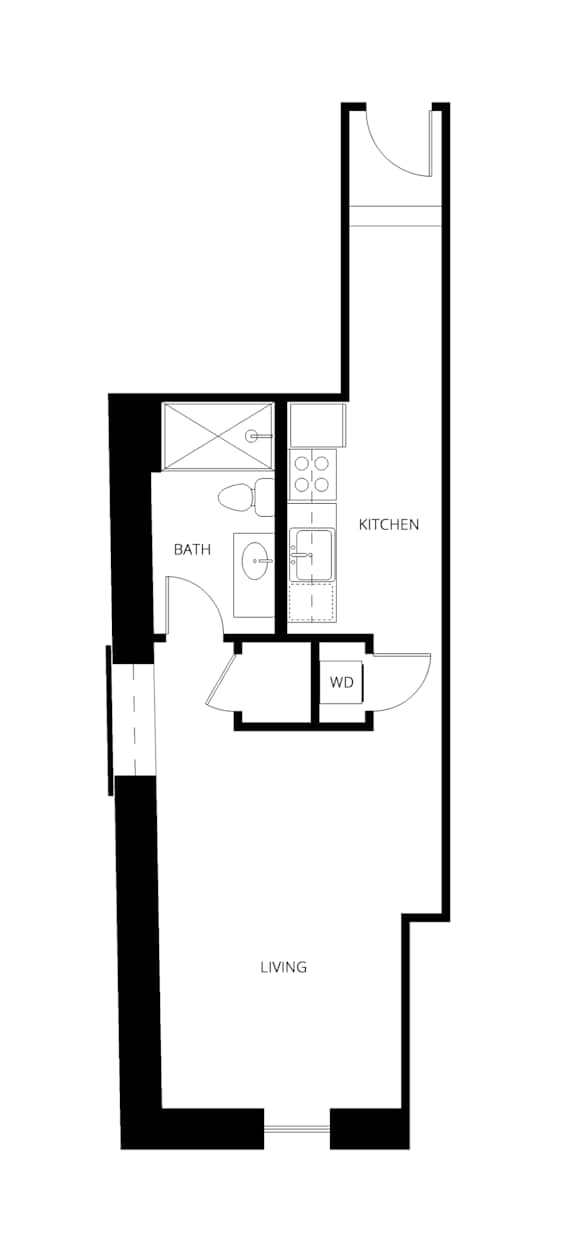 A floor plan of a house with a living room, kitchen, and bathroom.