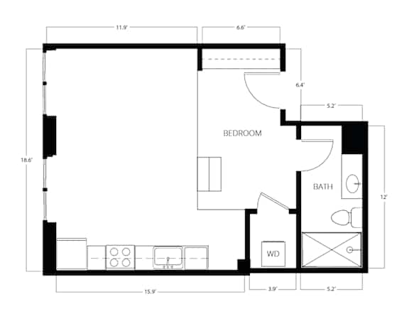 A black and white floor plan of a small apartment with a bedroom, bathroom, and living room.