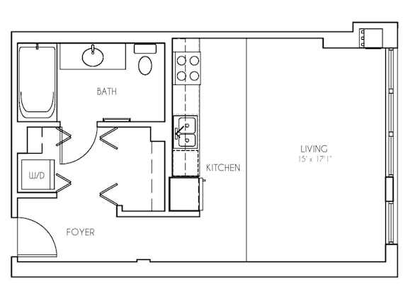 A floor plan of a small apartment with a living room, kitchen, bathroom and foyer.