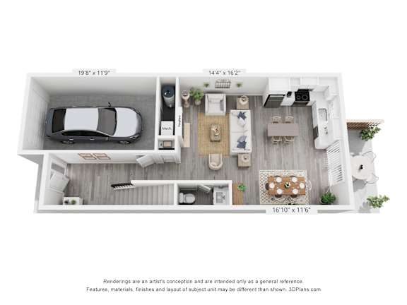 A 3D floor plan of a house with a living room, kitchen, dining area, and two bedrooms.