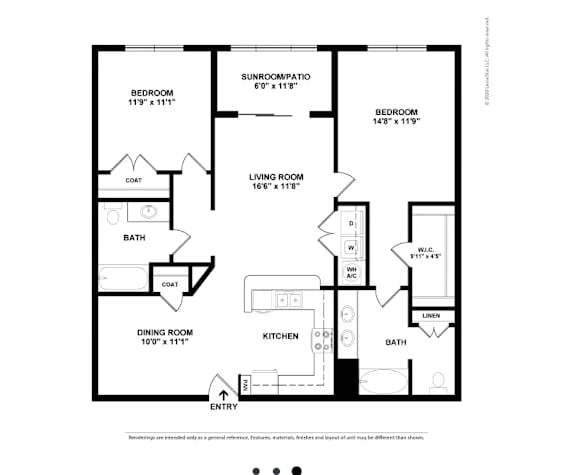 A black and white floor plan of a house with two bedrooms, a living room, a dining room, a kitchen, a bath, and a sunroom.