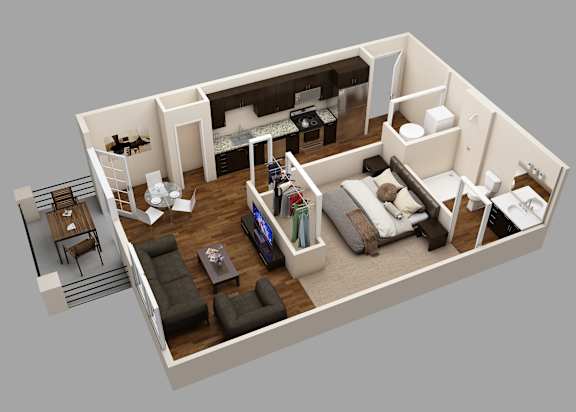 A 3D rendered image of a modern apartment layout.