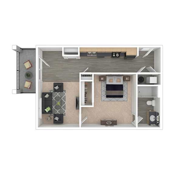 A top-down view of a small apartment layout with a kitchen, living room, and bathroom.