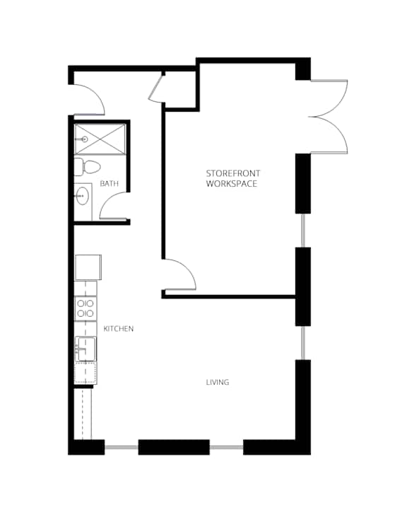 A floor plan of a house with a living room, kitchen, and bathroom.