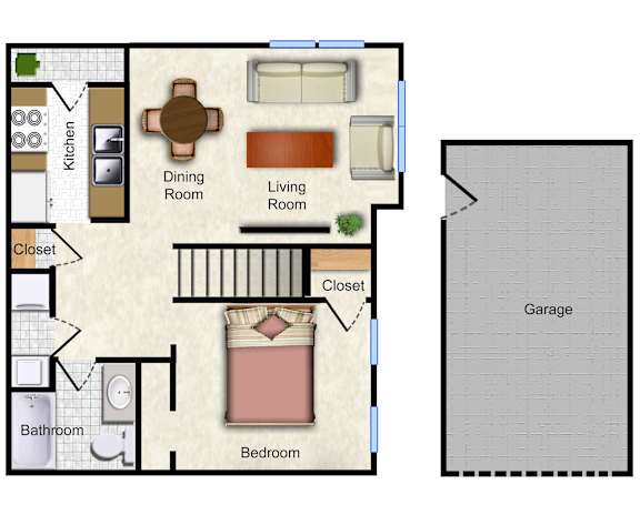 A floor plan of a one bedroom, one bath apartment at Sterling Ridge.