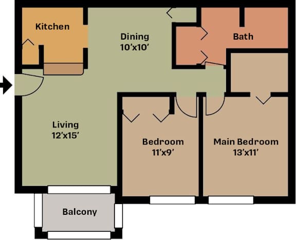 A floor plan of a house with a living room, dining room, kitchen, two bedrooms, a bath, and a balcony.