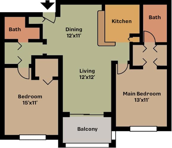 A floor plan of a house with a living room, dining room, kitchen, two bathrooms, a balcony, and two bedrooms.