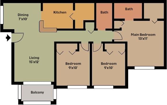 A floor plan of a house with a living room, two bedrooms, a kitchen, a bath, and a balcony.