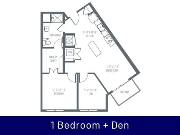 A floor plan of a 1 bedroom + den apartment.
