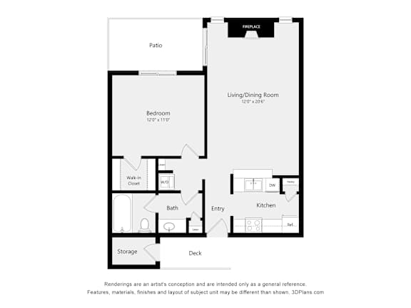 A floor plan of a house with a living room, bedroom, bathroom, kitchen, and storage.