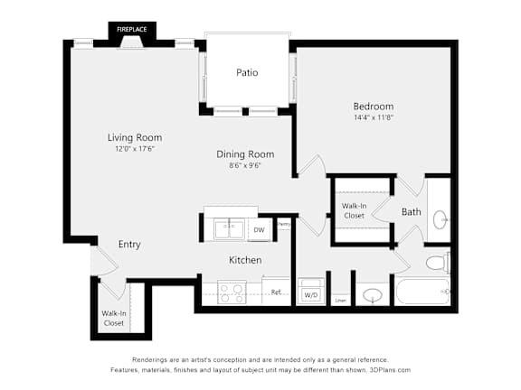 A floor plan of a house with a living room, dining room, kitchen, bedroom and bathroom.