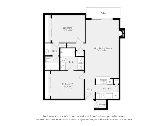 A floor plan of a home with a living room, two bathrooms, a kitchen, two bedrooms, and a storage area.