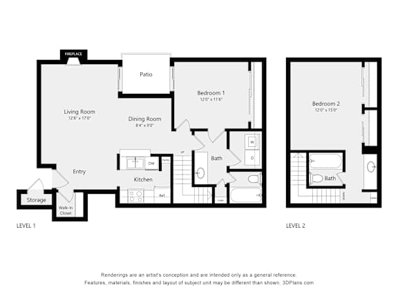 A floor plan of a two level home with a living room, dining room, kitchen, two bedrooms, and two bathrooms.