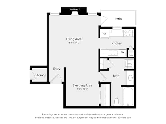 A floor plan of a small apartment with a living area, kitchen, sleeping area, bath, entry and storage.