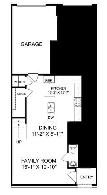 A floor plan of a house showing a garage, kitchen, dining room, and family room.