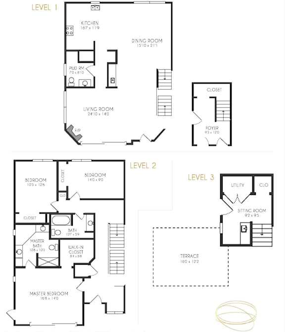 A set of three house plans showing the layout for levels one, two and three.