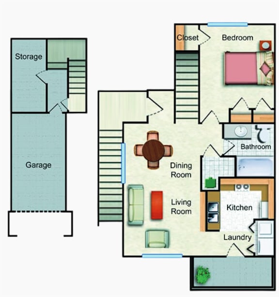 A floor plan of a house with a garage, living room, kitchen, dining room, and bedrooms.