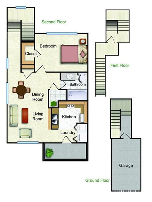A floor plan of a house with a second floor, first floor, and ground floor.