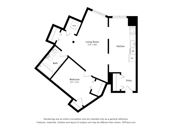 a floor plan of a bedroom floor plan with a bathroom and a living room at The Burlington Apartments in St Paul, MN
