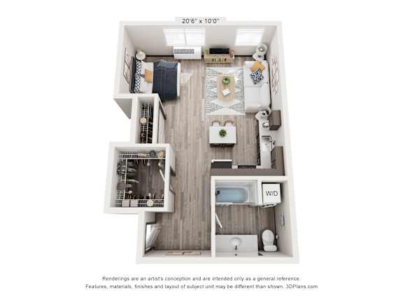 A 20'6" x 10' floor plan of a house with a kitchen, living room, and bathroom.