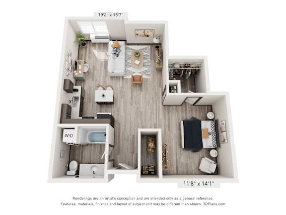 A 3D floor plan of a small apartment with a living room, kitchen, and bathroom.