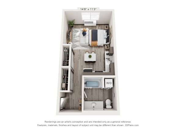 A 3D floor plan of a small apartment with a kitchen, living room, and bathroom.