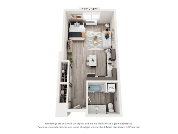 A floor plan of a small apartment with a kitchen, living room, and bathroom.
