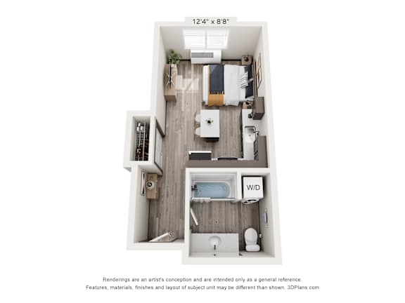A 3D floor plan of a small apartment with a kitchen, living room, and bathroom.