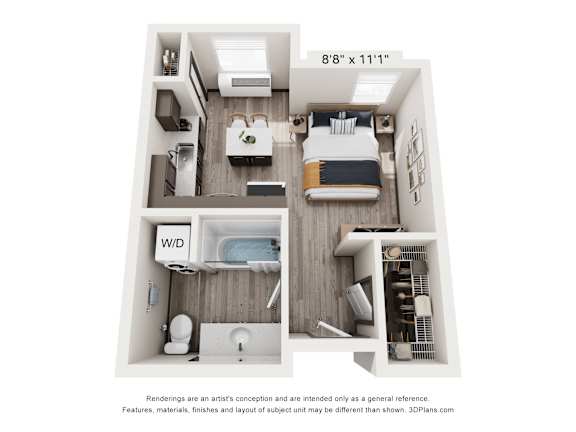 A 3D floor plan of a small apartment with a kitchen, living room, and bedroom.