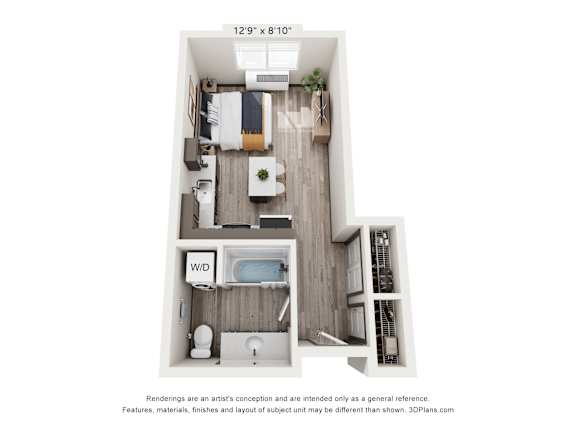 A 12'x8'10" floor plan of a small apartment with a kitchen, living room, and bathroom.