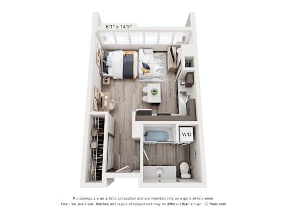 A 3D floor plan of a small apartment with a kitchen, living room, and bathroom.