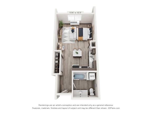 A 3D floor plan of a small apartment with a kitchen, living room, and bathroom.